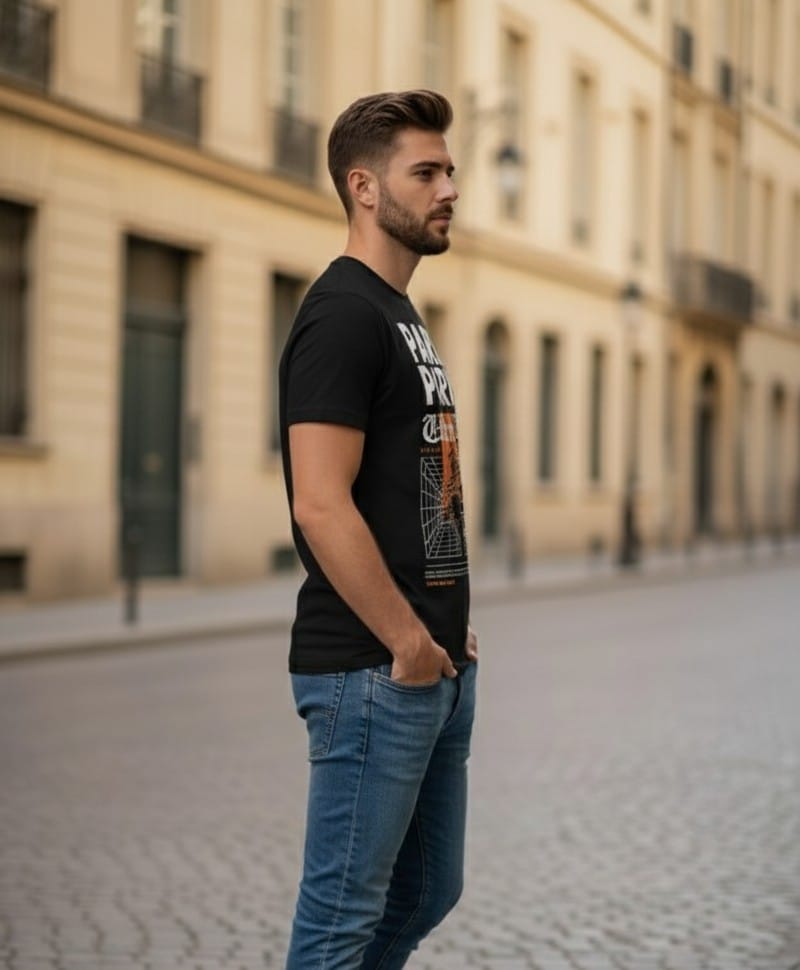 Printed t-shirt half sleeve regular fit black