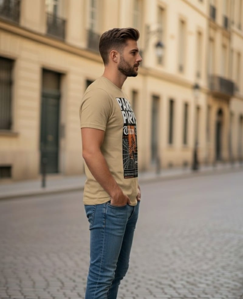 Printed t-shirt half sleeve regular fit beige