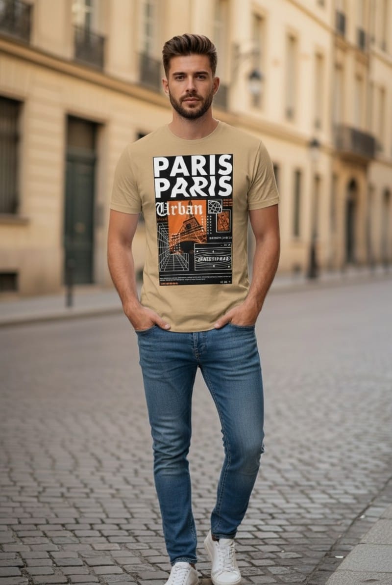 Printed t-shirt half sleeve regular fit beige